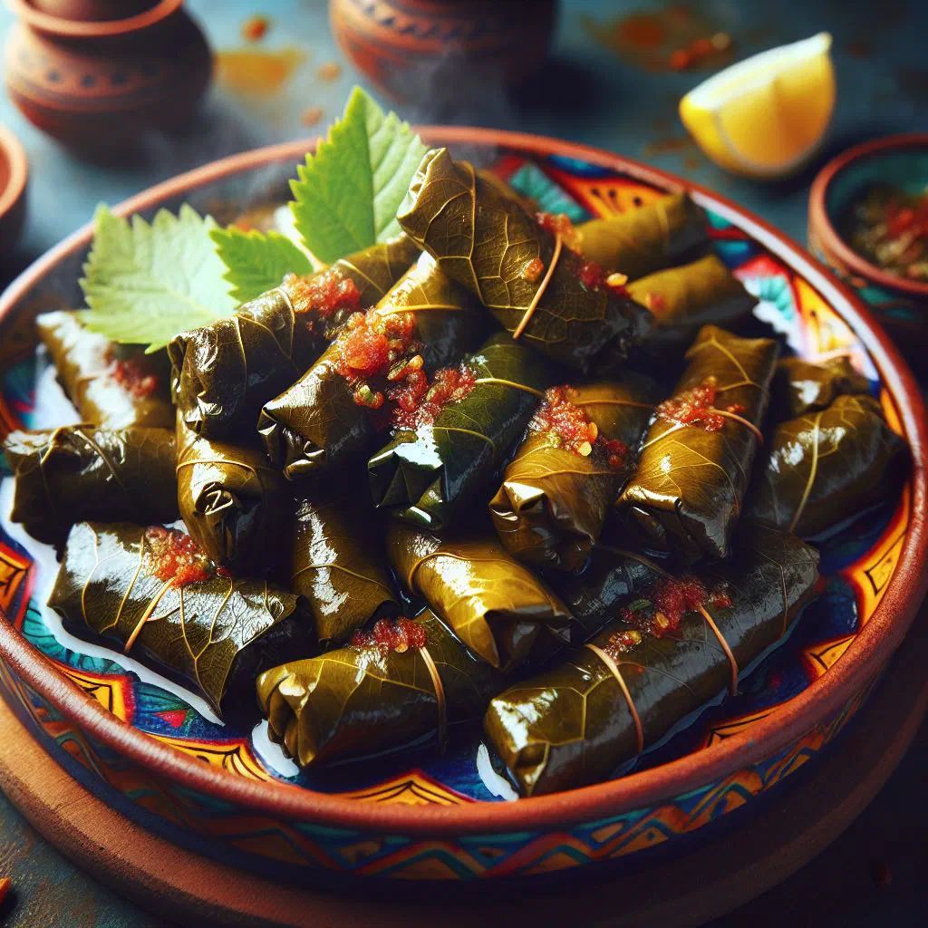 Rolled stuffed vine leaves arranged on a plate with lemon wedges