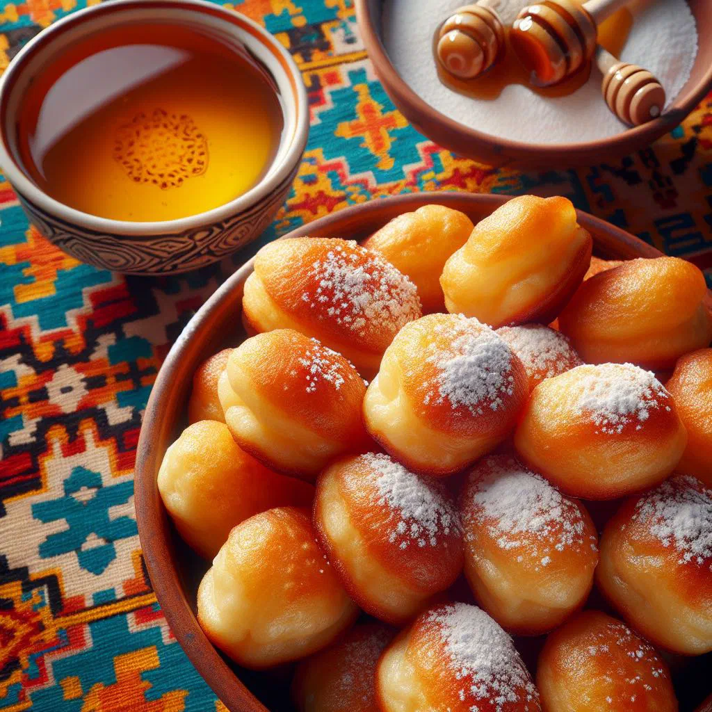 Golden fried baursak dough balls piled in a serving bowl