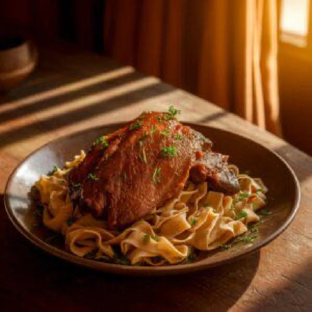 Beshbarmak with tender boiled meat over flat noodles and broth