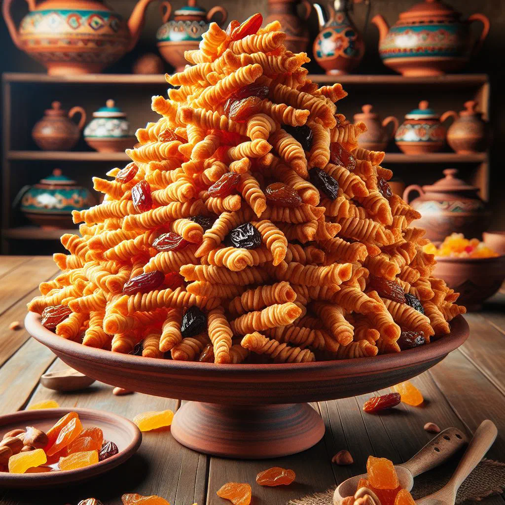 Golden fried dough pieces coated in honey syrup, garnished with nuts