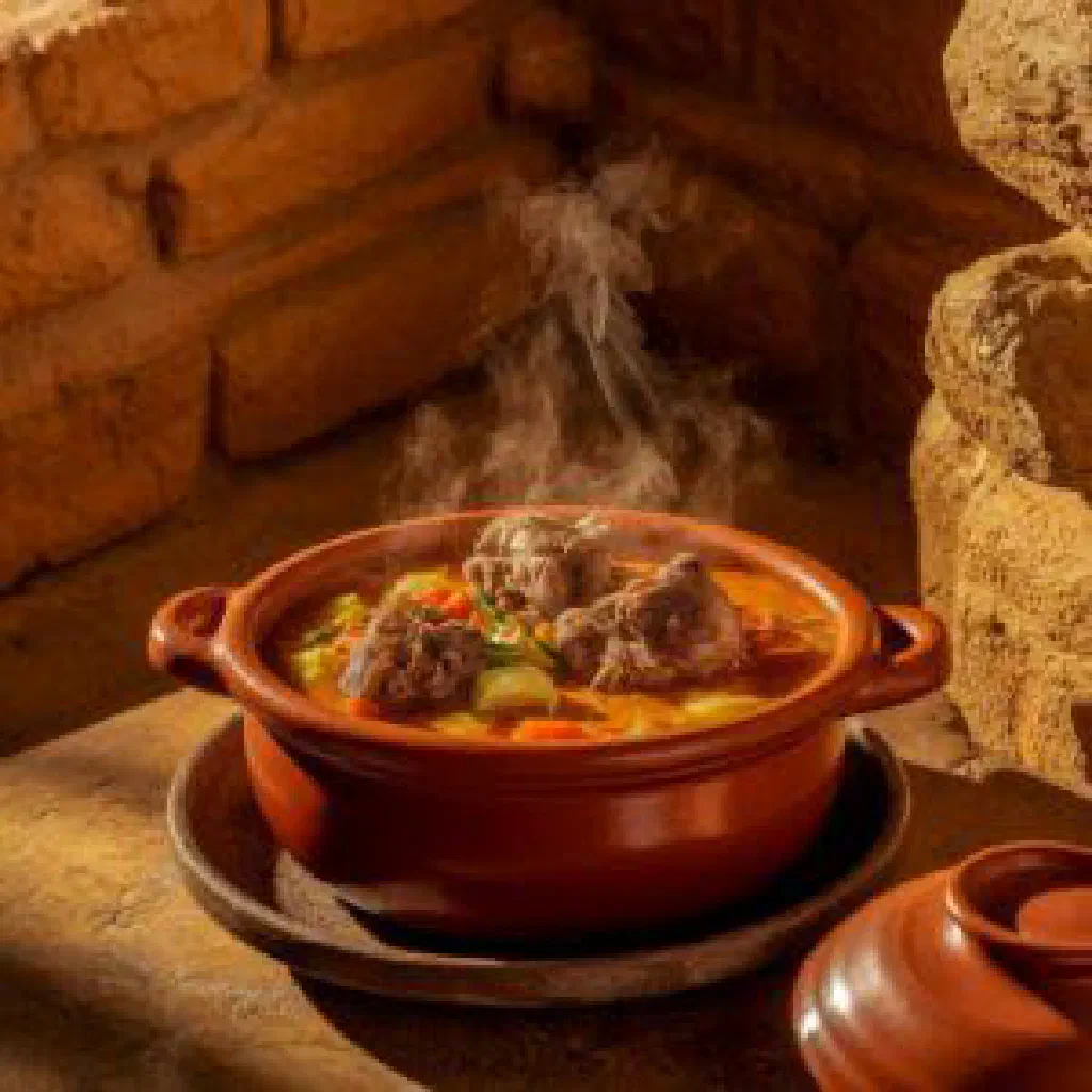 Dimlama stew with tender meat, potatoes, carrots and peppers