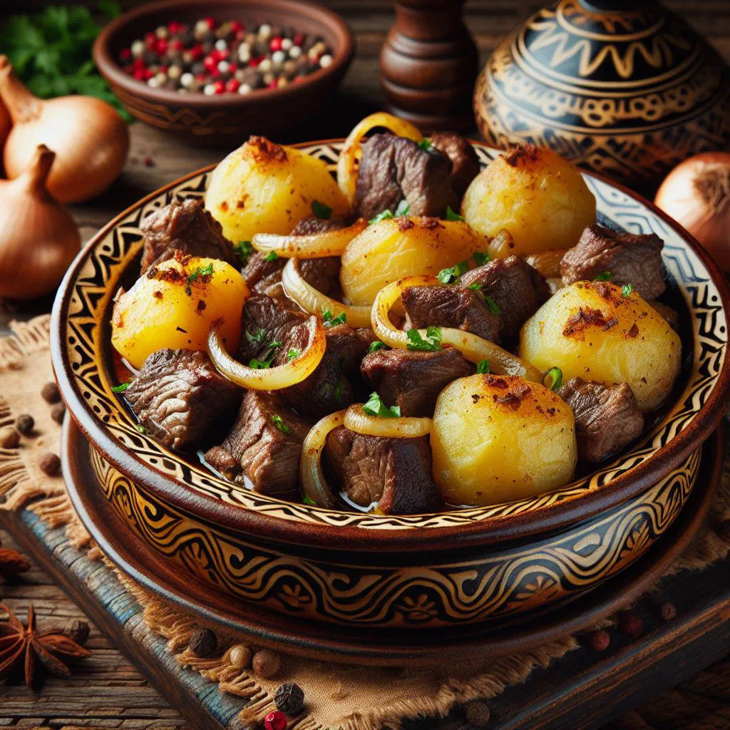 Kuurdak with tender meat and golden potatoes garnished with fresh herbs