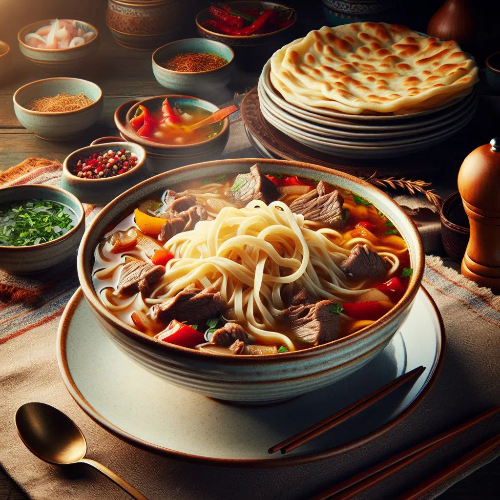 A steaming bowl of Lagman with hand-pulled noodles, beef and vegetables in spiced broth