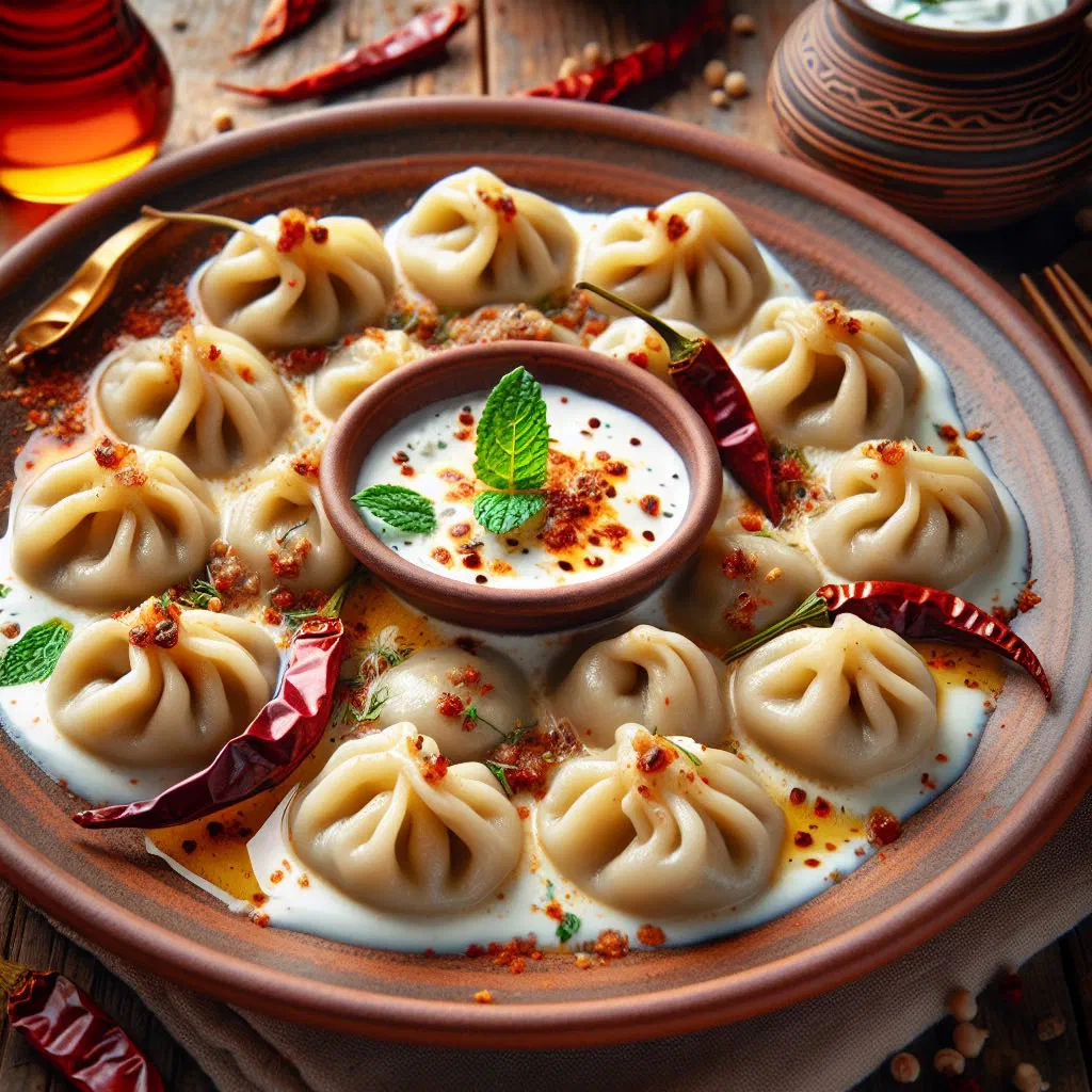 Steamed Kyrgyz manti dumplings served with yoghurt on a plate