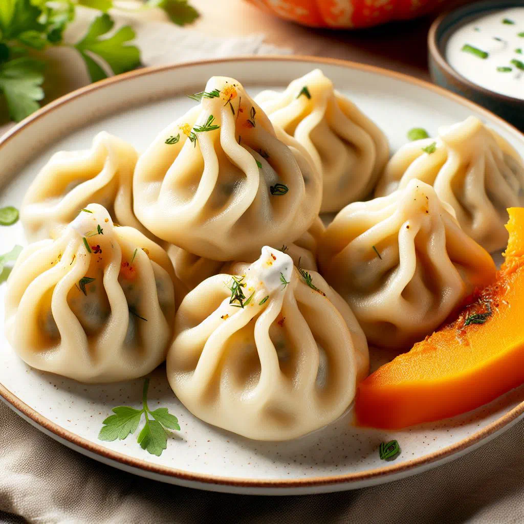 Steamed manti dumplings filled with pumpkin, garnished with fresh coriander