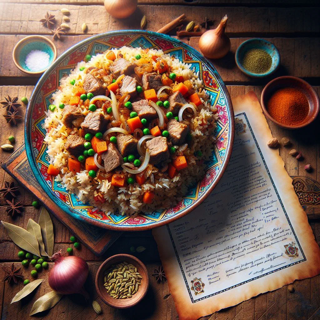 Kyrgyz plov with rice, tender lamb and carrots on a platter