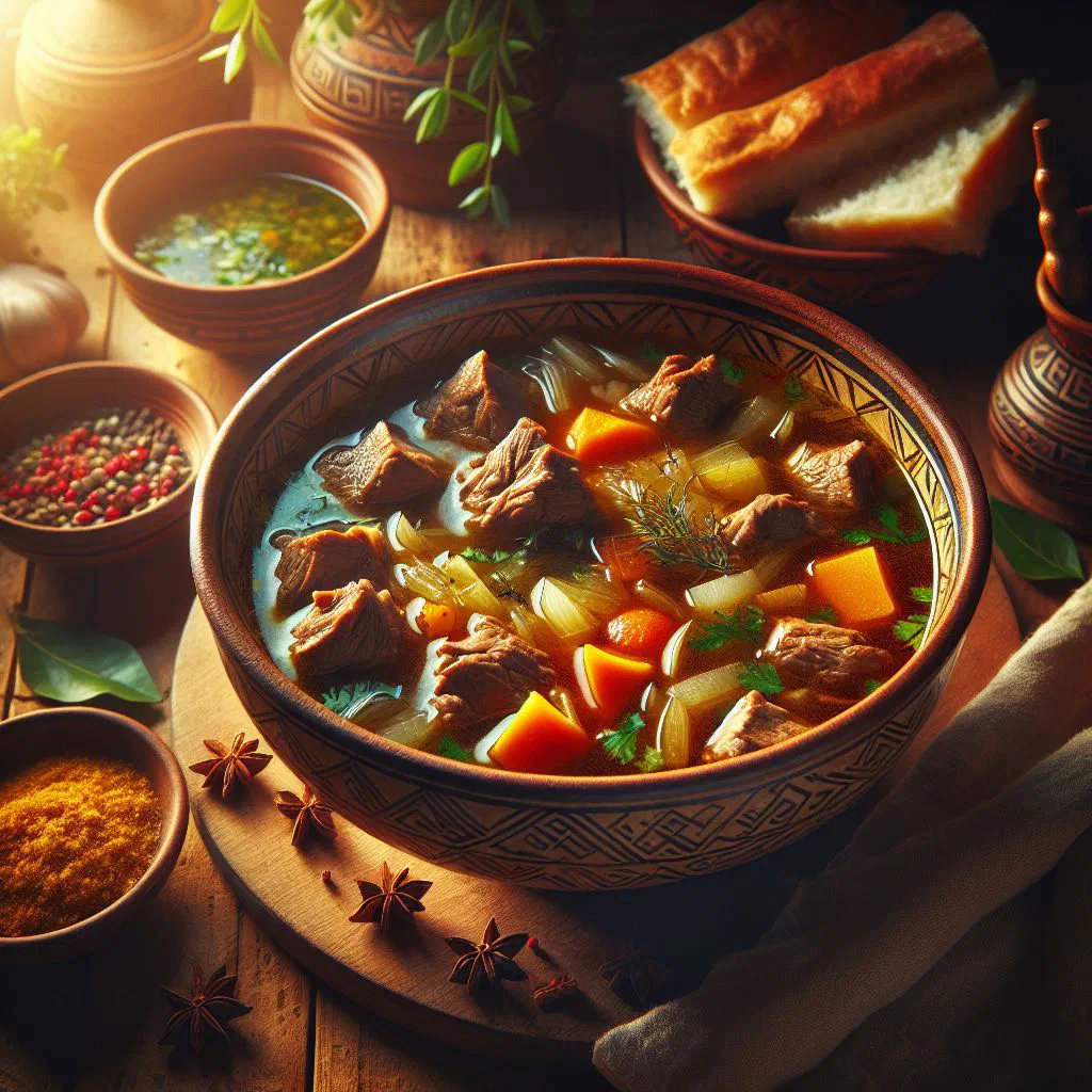A rustic bowl of Shorpo meat and vegetable stew garnished with fresh herbs