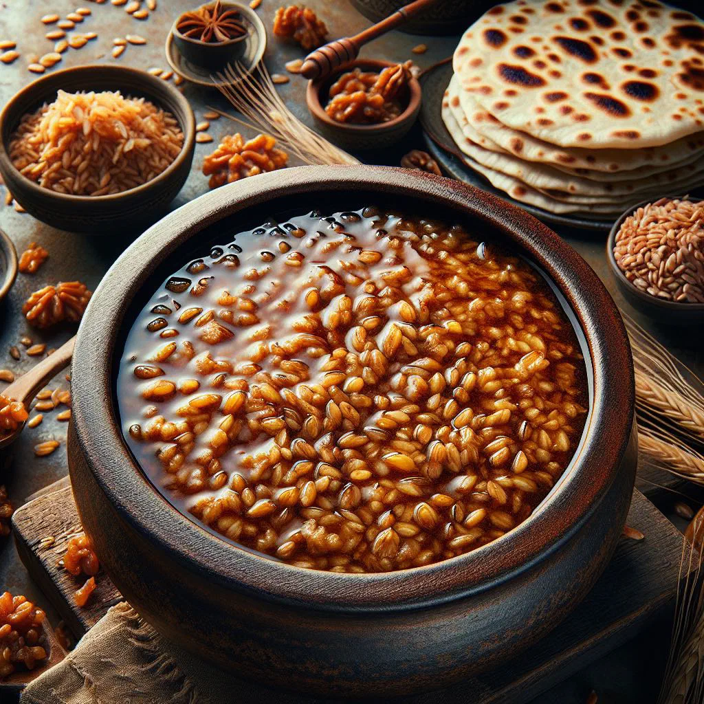 A bowl of dark brown Sumalak made from sprouted wheat