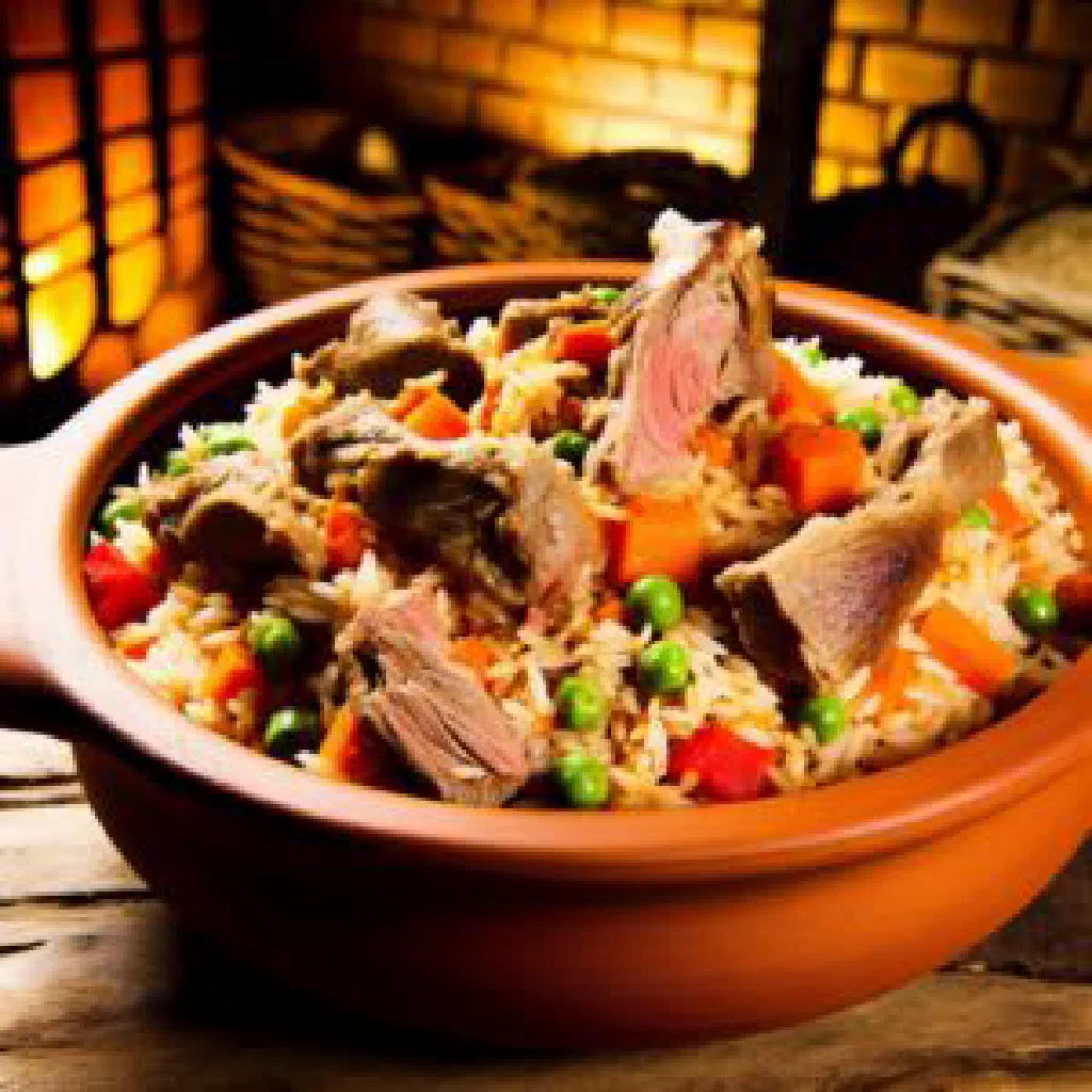 Tender lamb and rice with carrots and spices served in a rustic bowl