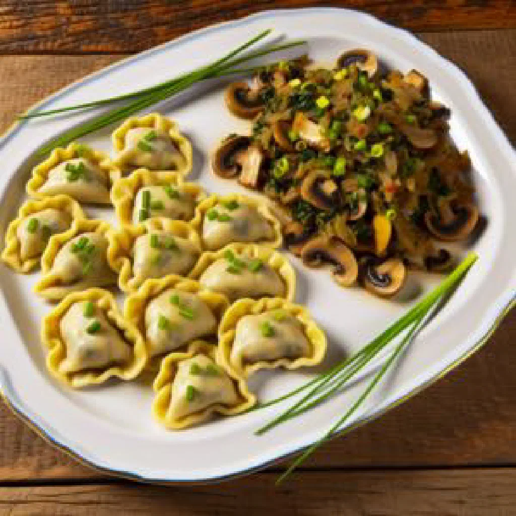 Creamy togach pasta with mushrooms garnished with fresh herbs