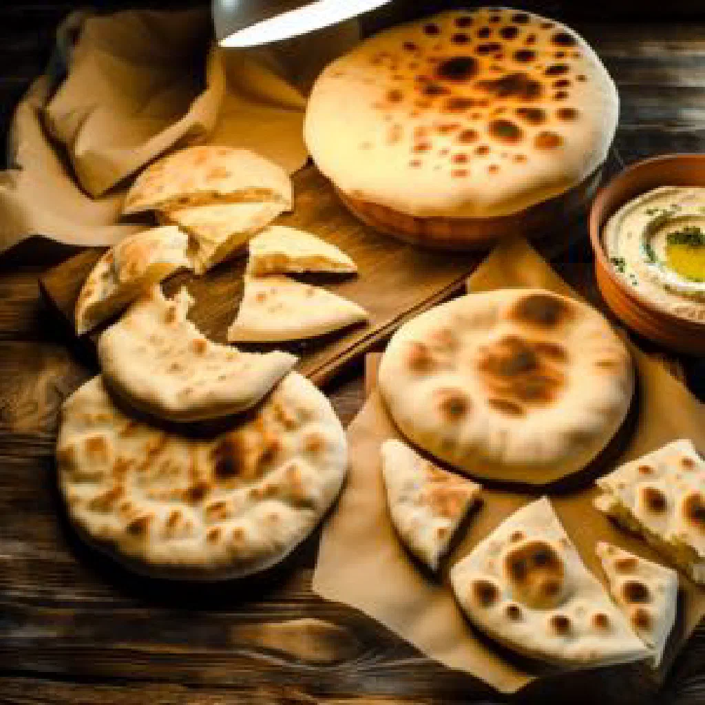 Golden pan-fried Kyrgyz urum flatbreads stacked and scattered with fresh herbs