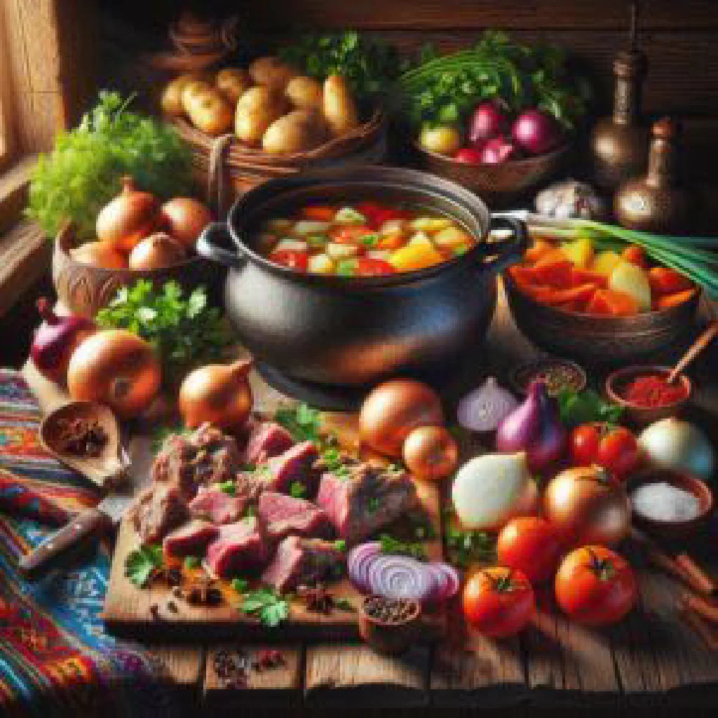 Zharkop stew with tender meat, potatoes and carrots garnished with fresh herbs