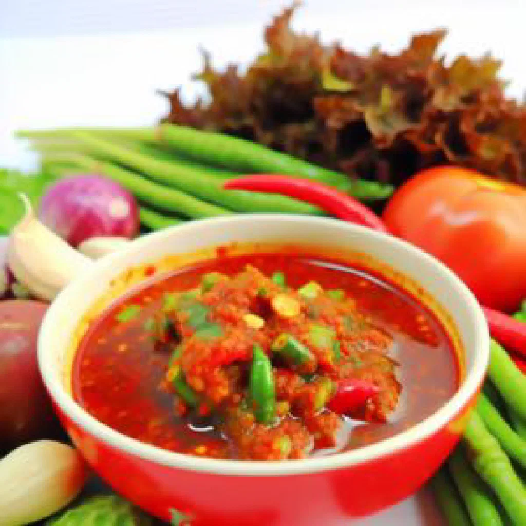 Bowl of spicy Laotian jaew mak len chilli paste with fresh herbs