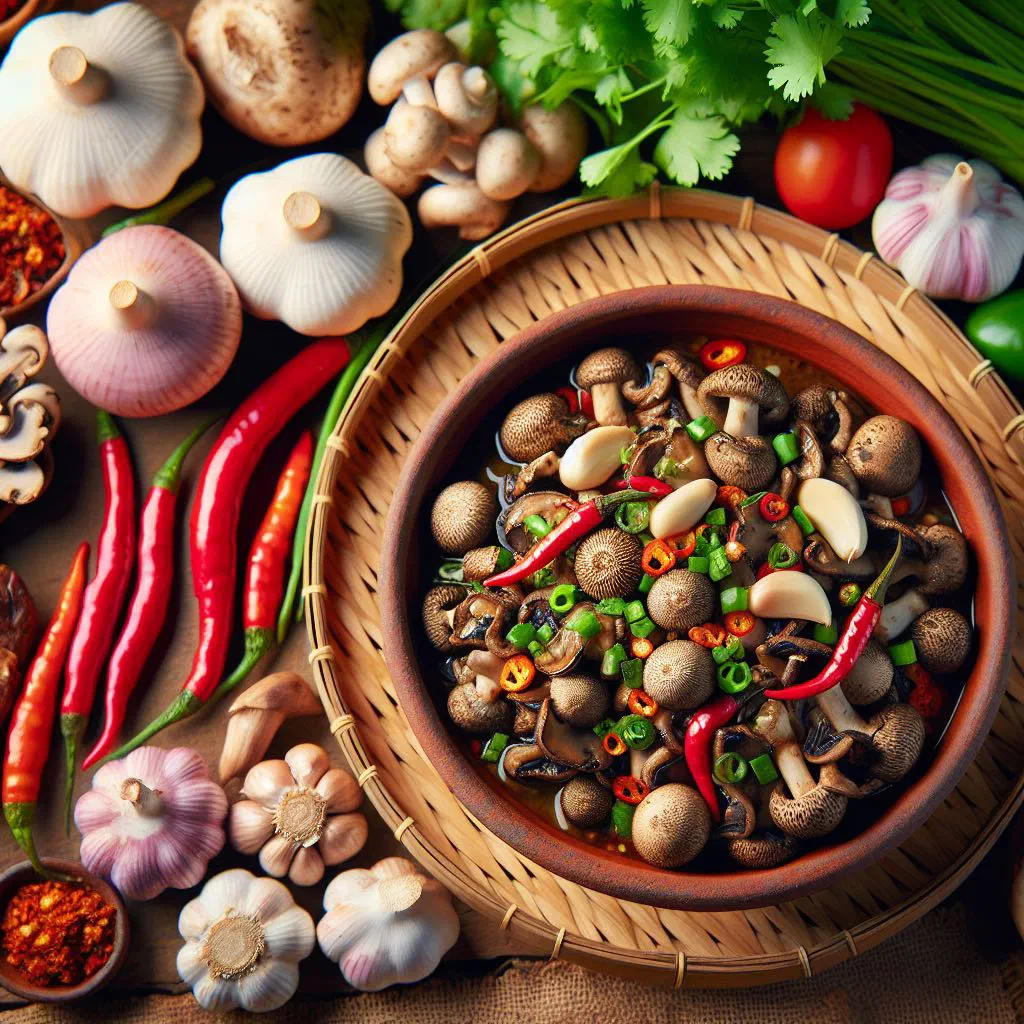 A bowl of Jeow Het mushroom dip garnished with fresh coriander