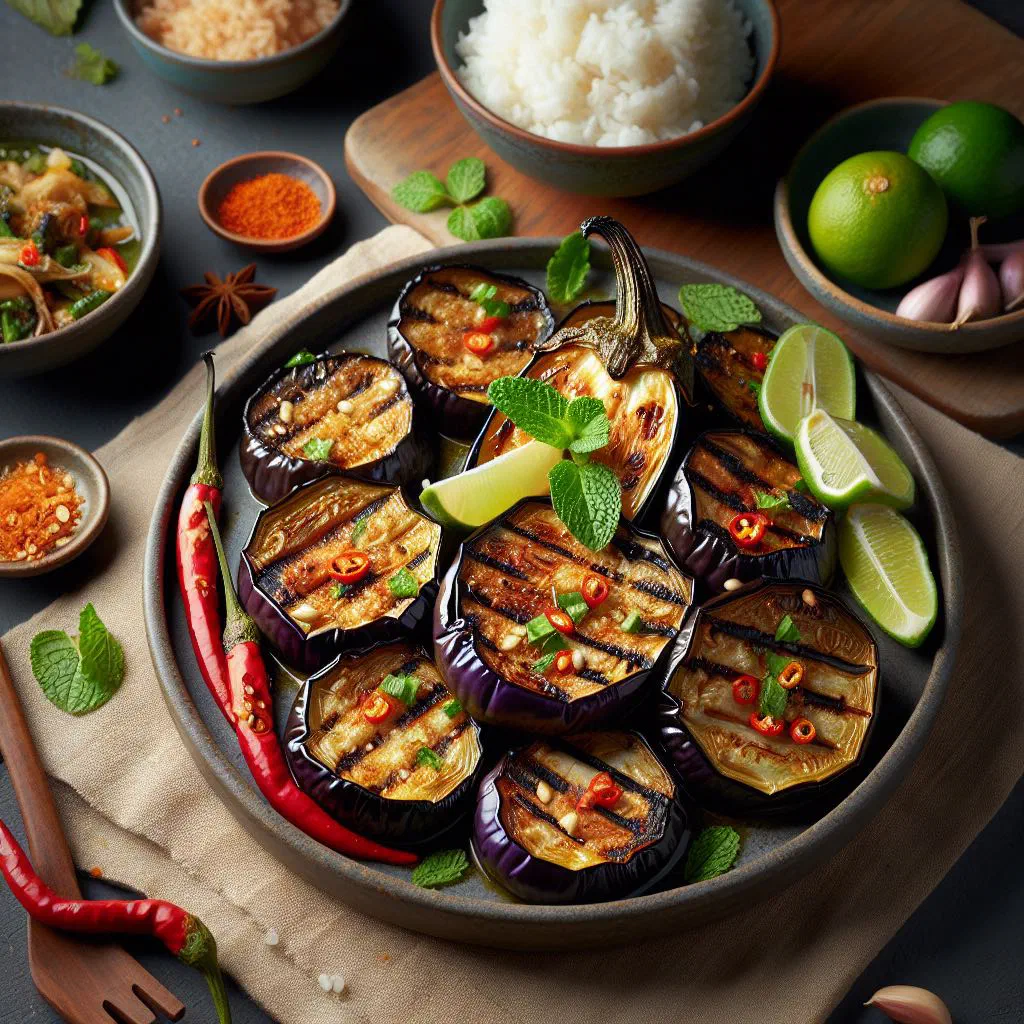 Roasted aubergine dip garnished with fresh coriander, served with sticky rice
