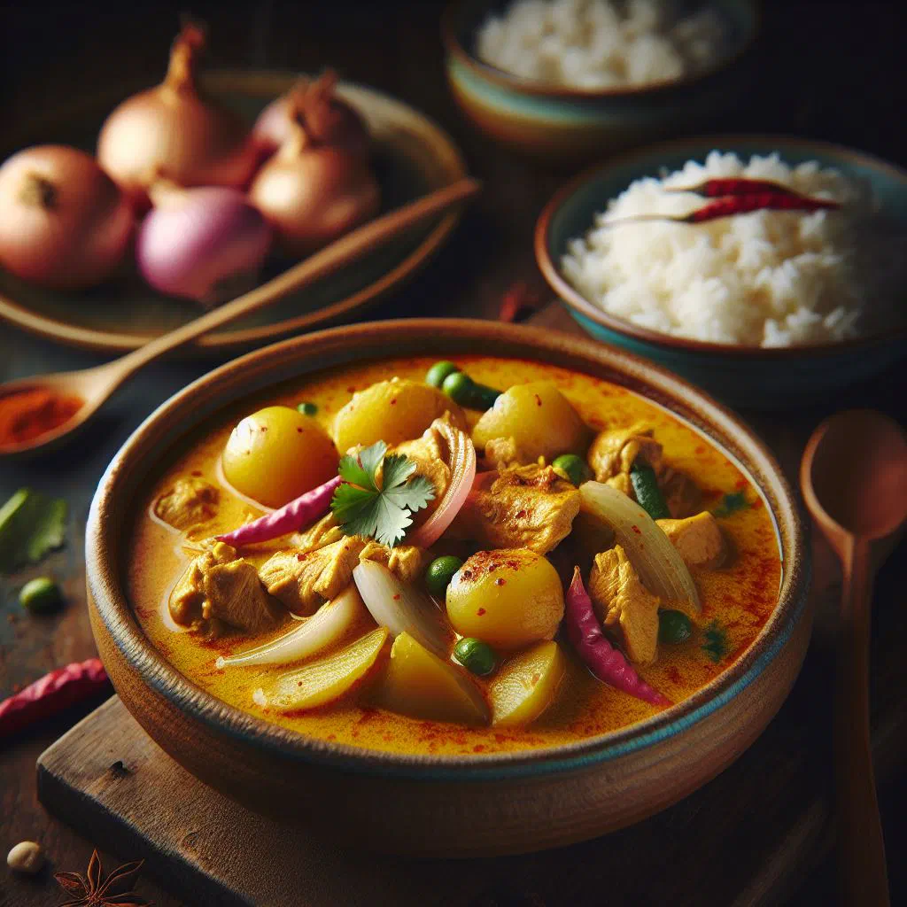 A bowl of creamy Laotian Kaeng Kari curry with chicken and vegetables, served with rice
