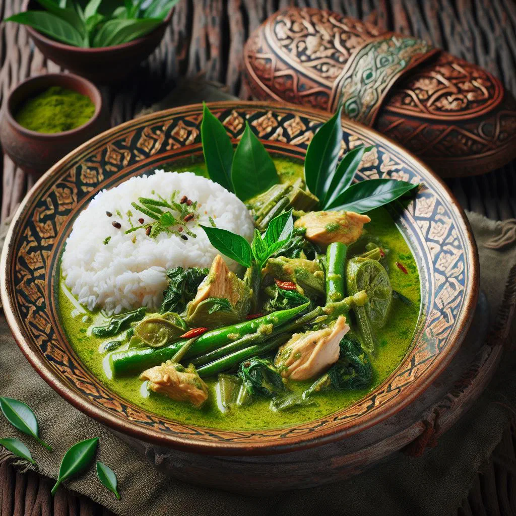 A bowl of Kaeng Khae vegetable curry soup garnished with fresh herbs
