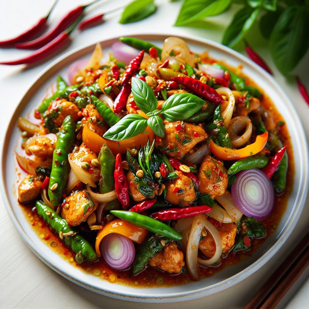 Kai pad chicken stir-fry with peppers, carrots and spring onions