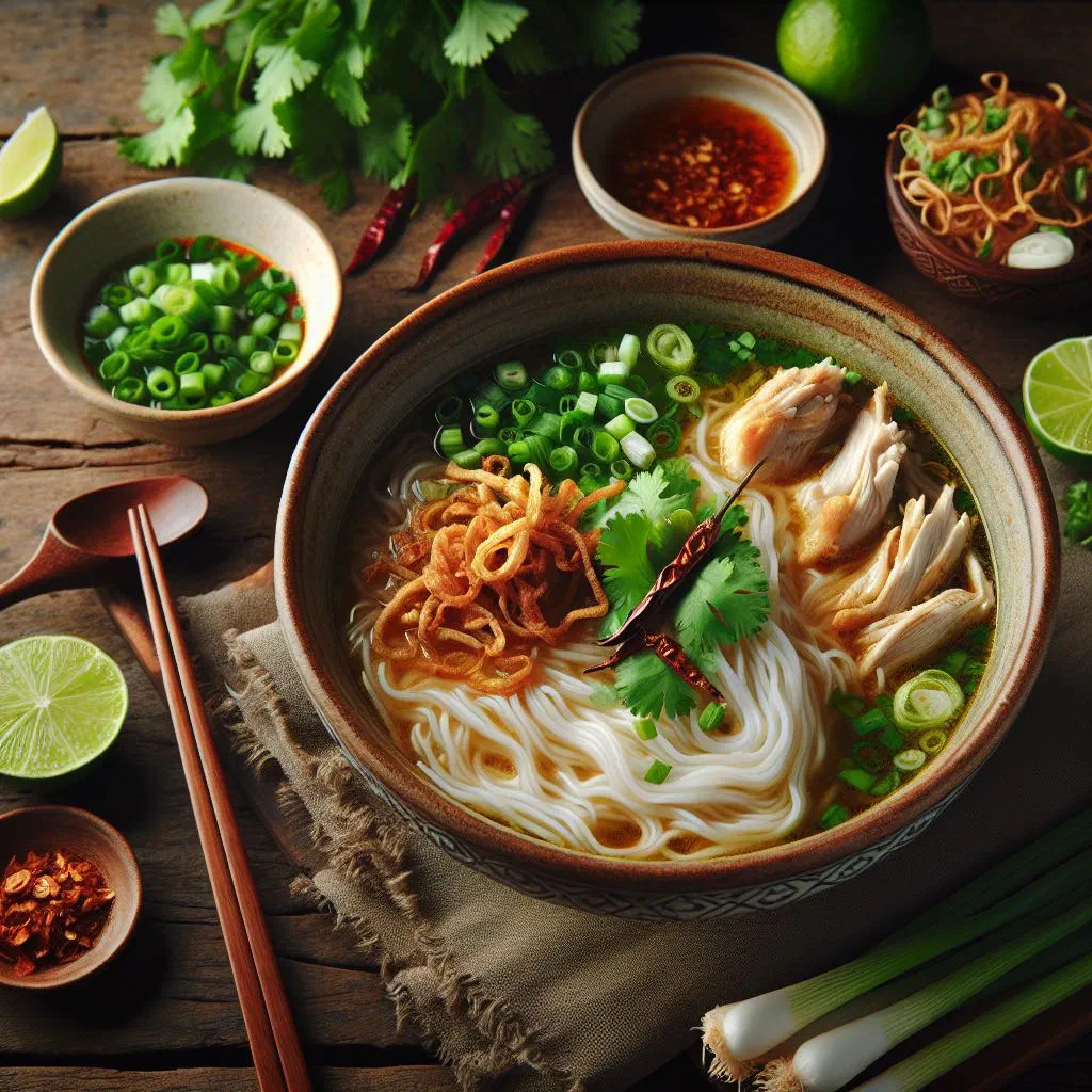 Bowl of Khao Piak Sen rice noodle soup topped with fresh herbs and spring onions