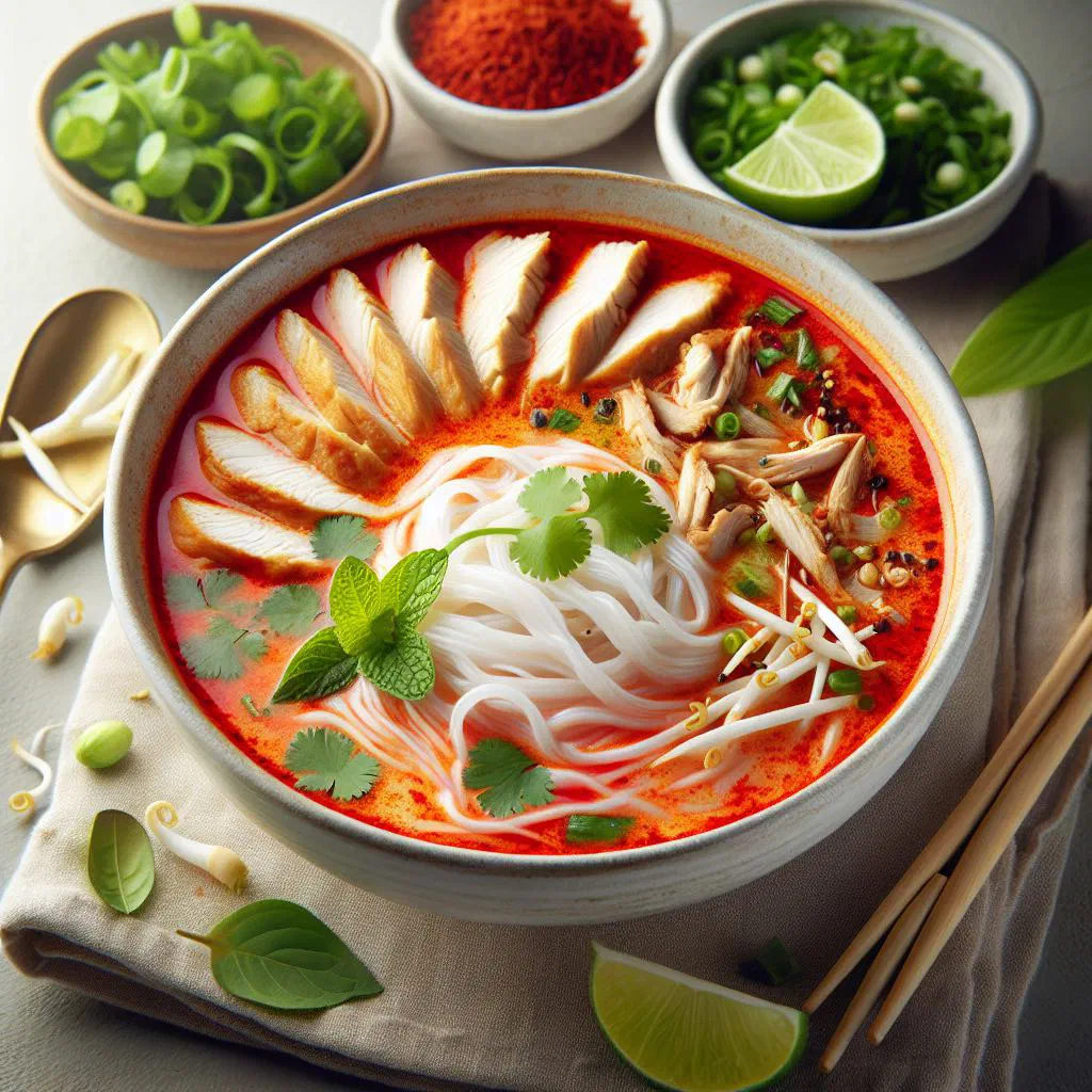Bowl of Khao Poon Nam noodle soup with rice noodles, herbs and lime