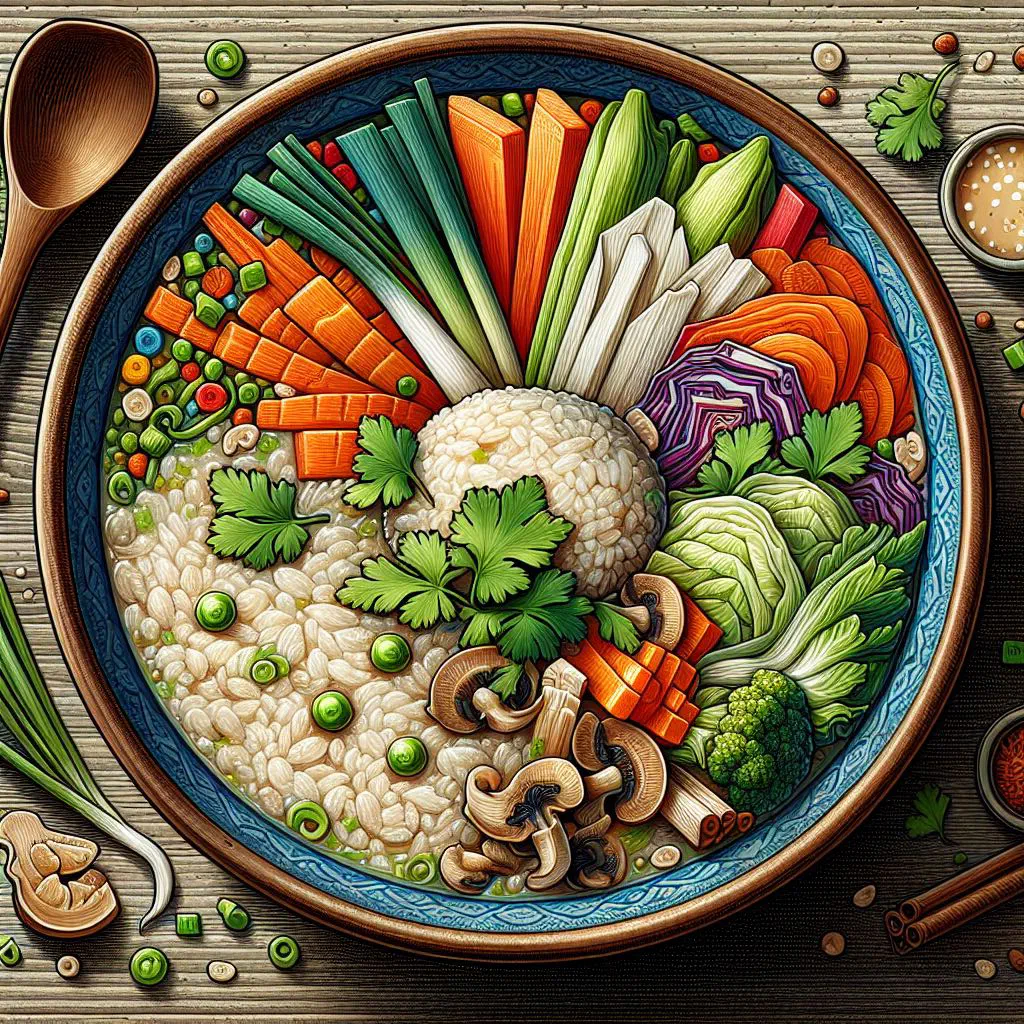A bowl of Khao Tom Pak rice porridge with fresh vegetables and herbs