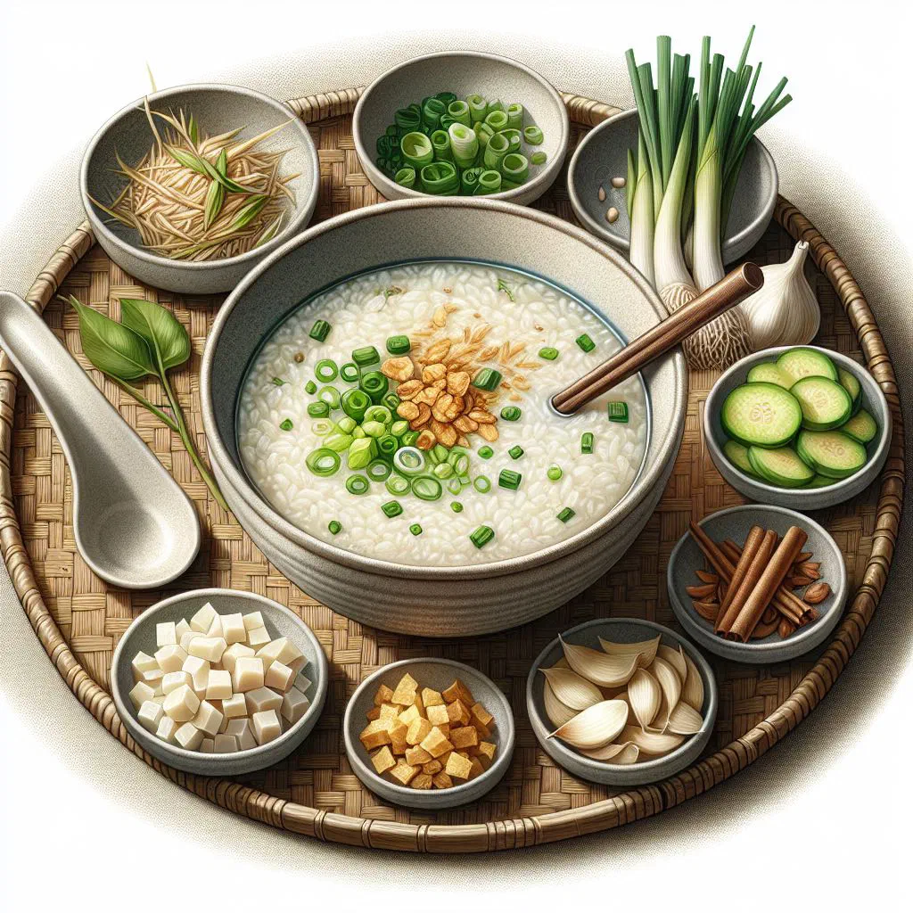 Bowl of Khao Tom sticky rice porridge with coconut milk and sliced banana