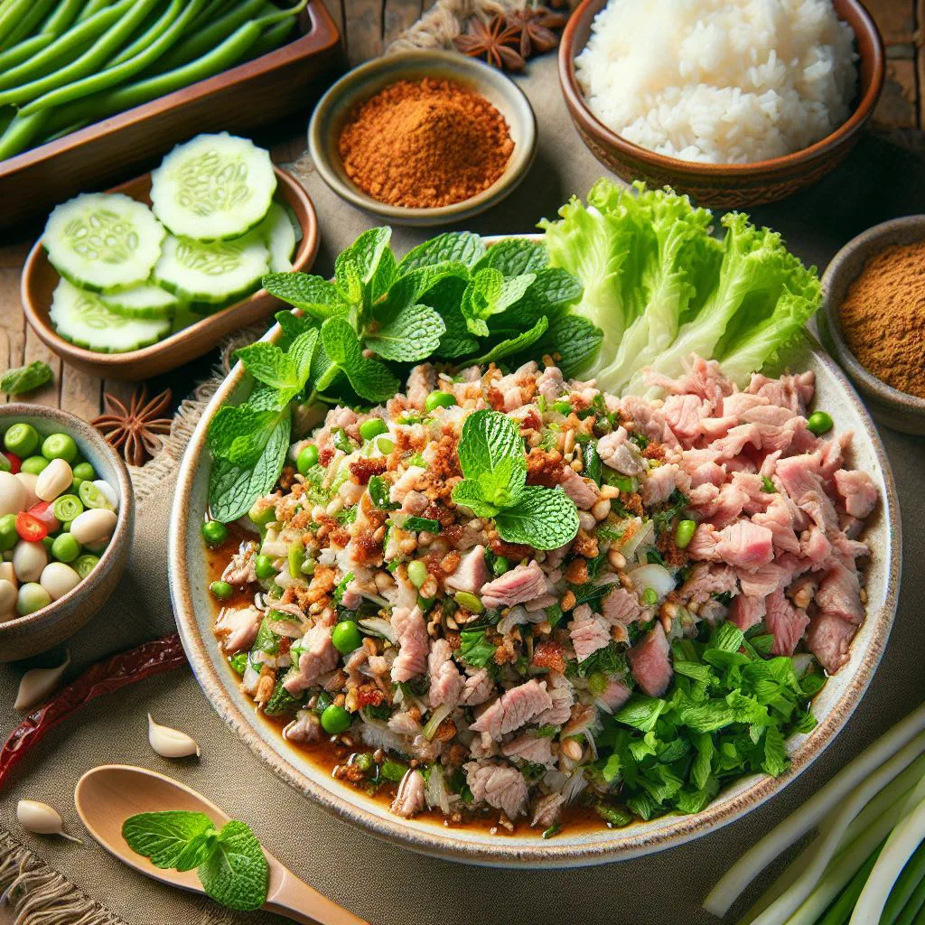 Laap moo minced pork salad with fresh herbs, chilli and lime