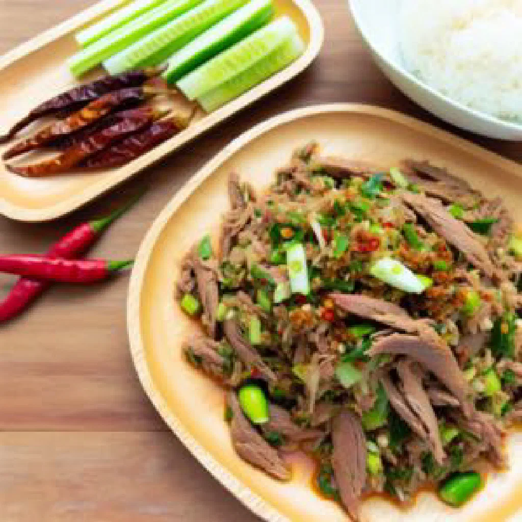 Laotian lap pet with minced beef, fresh herbs and sticky rice
