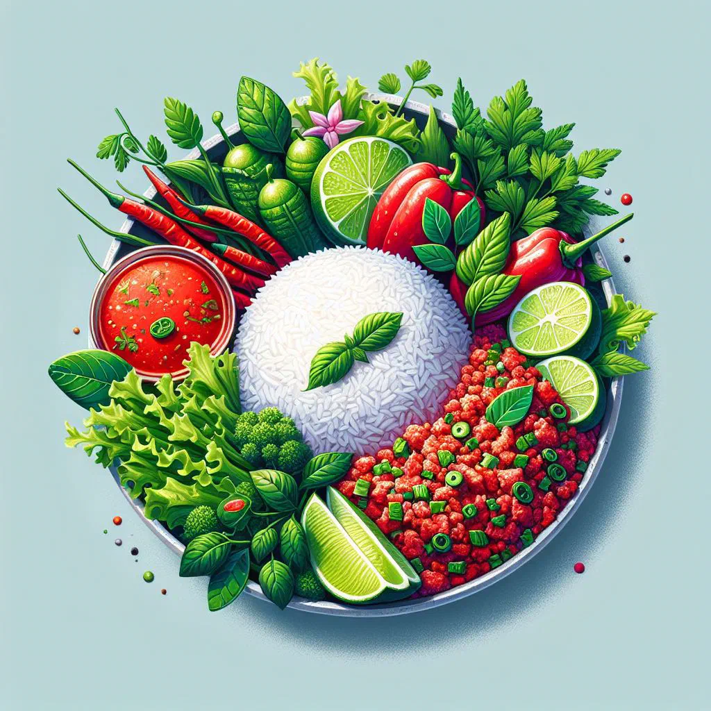Nam jeow with tender meat, fresh herbs and chillies served with rice