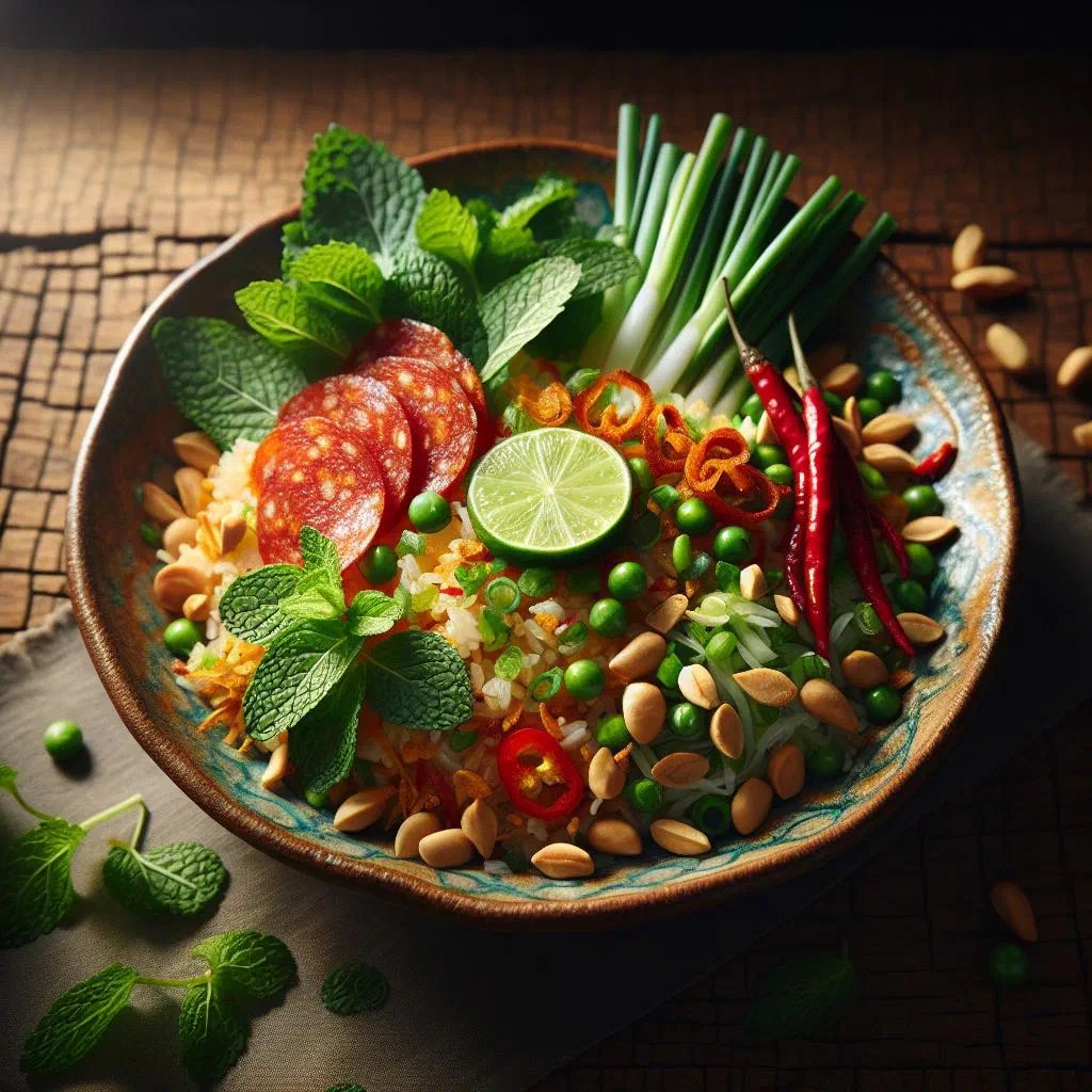 Crispy Laotian rice balls with fresh herbs and minced meat