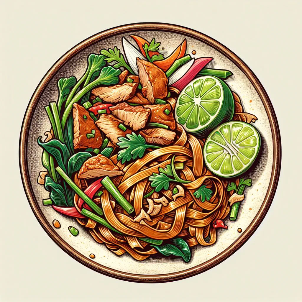 Pad Lao stir-fried rice noodles with vegetables and fresh herbs