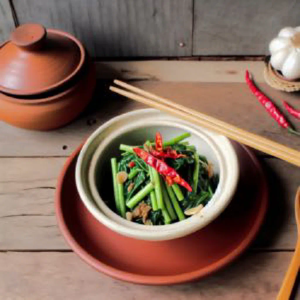 Stir-fried water spinach with garlic and red chilli on a plate
