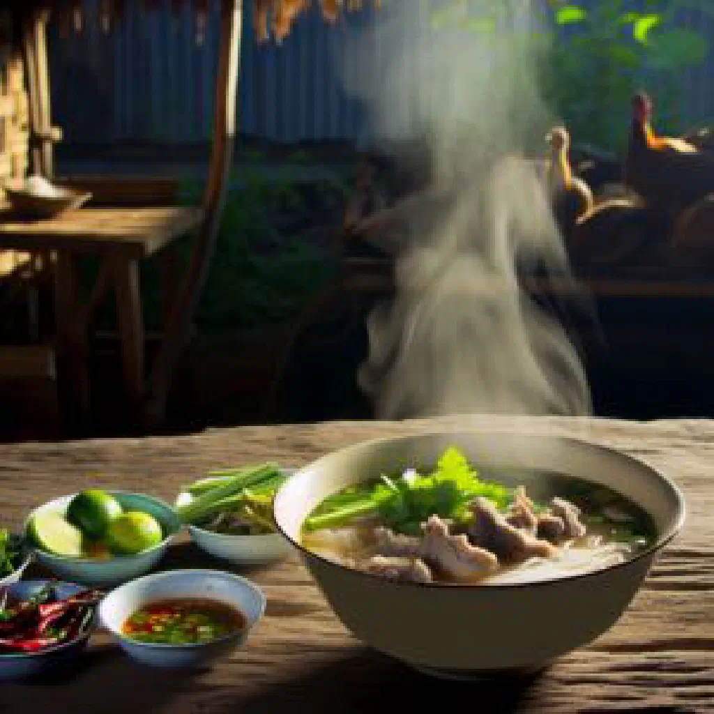 Bowl of Laotian phor rice noodle soup with fresh herbs, chilli and lime