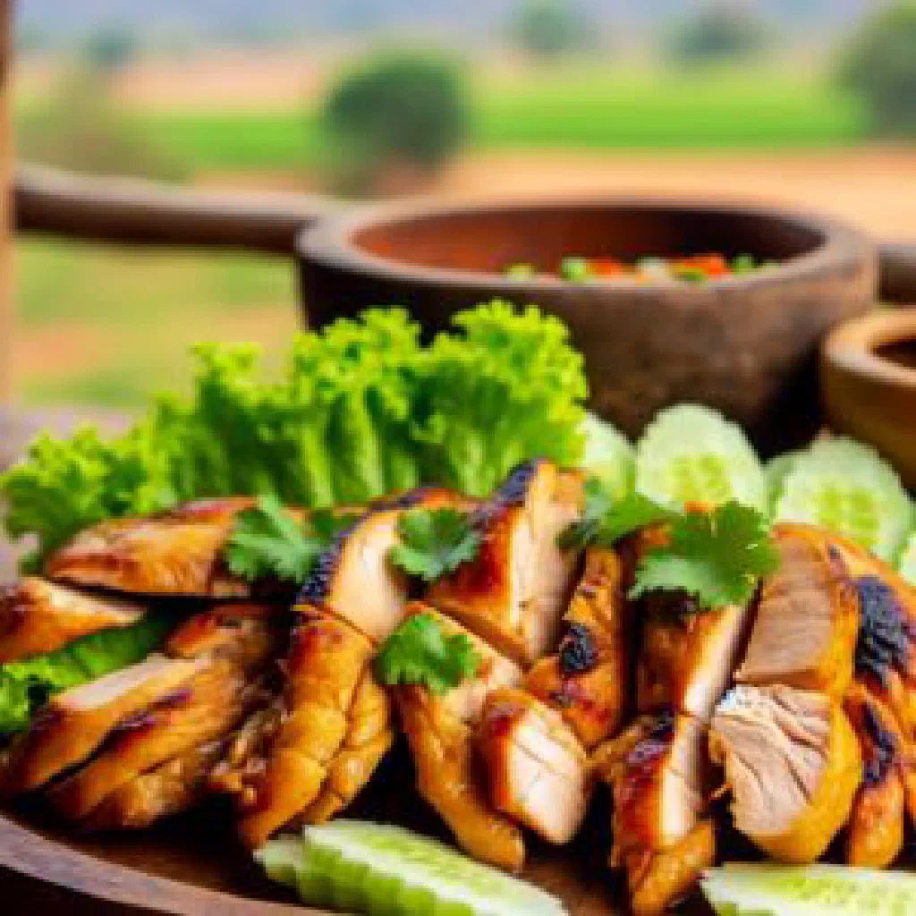 Grilled Lao chicken skewers with fresh herbs and chilli dipping sauce