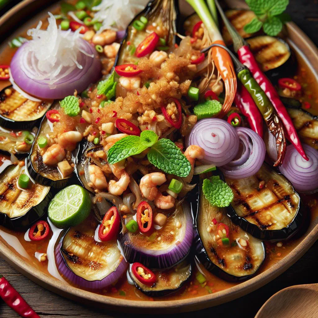 Laotian aubergine salad garnished with coriander and roasted peanuts
