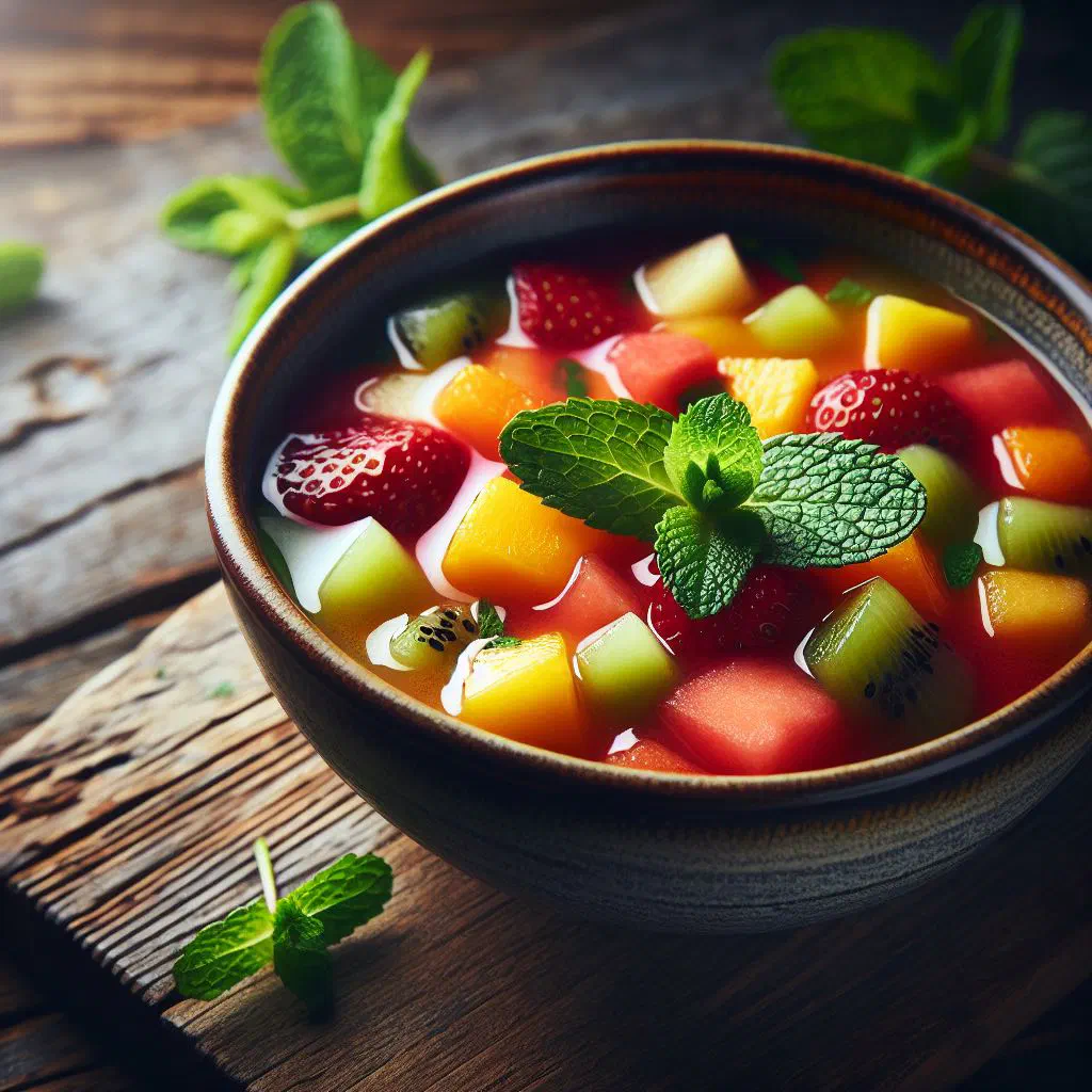 Bowl of Latvian fruit soup with berries, yoghurt and fresh mint