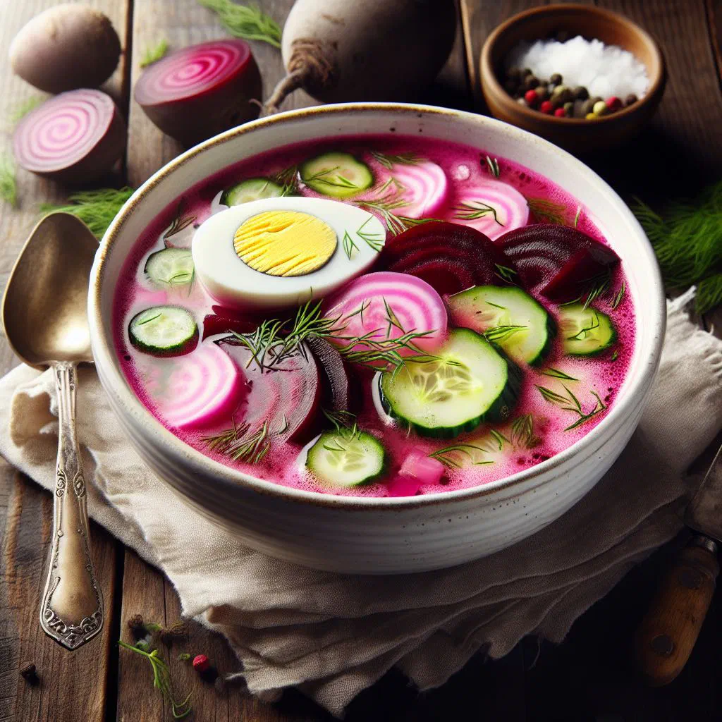 Bowl of chilled pink Latvian cold soup with cucumber, radishes, dill and boiled egg
