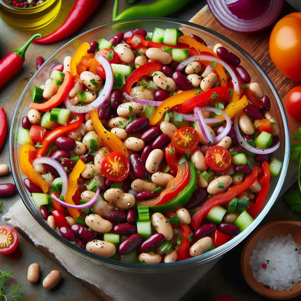 Latvian bean salad with green beans, kidney beans, peppers and fresh parsley