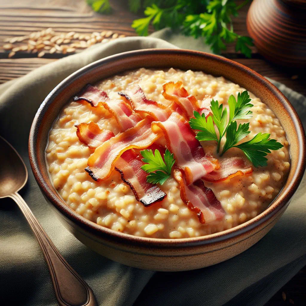 Bowl of Latvian buckwheat porridge topped with melting butter and cheese