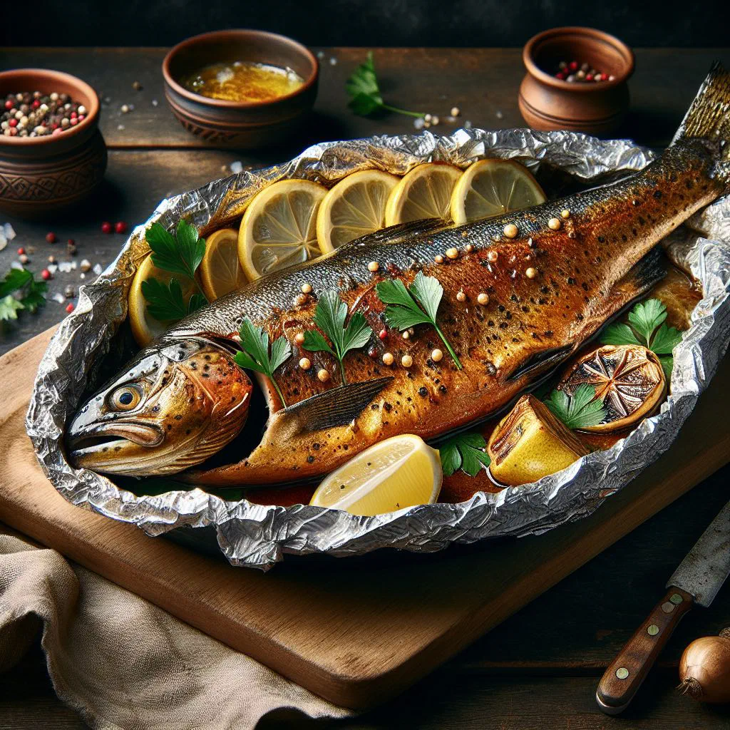 Pan-fried fish fillet with lemon slices and fresh dill
