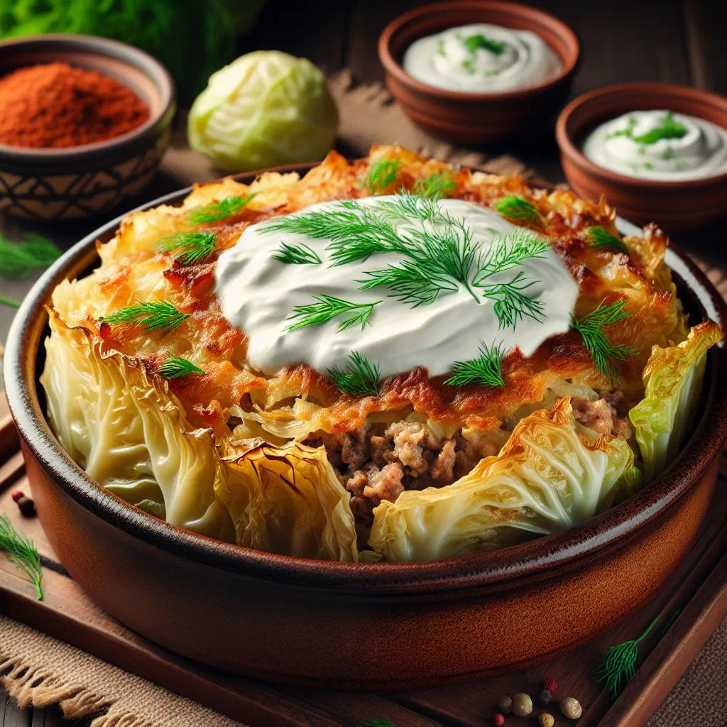 Steamed Latvian cabbage rolls garnished with fresh dill and lemon