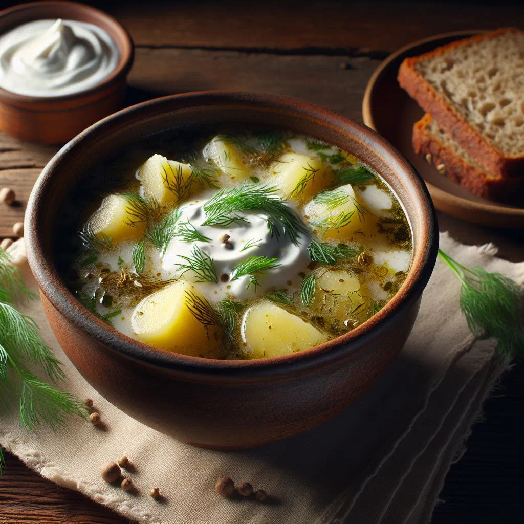 Creamy Latvian dill soup with potatoes and carrots, garnished with fresh dill