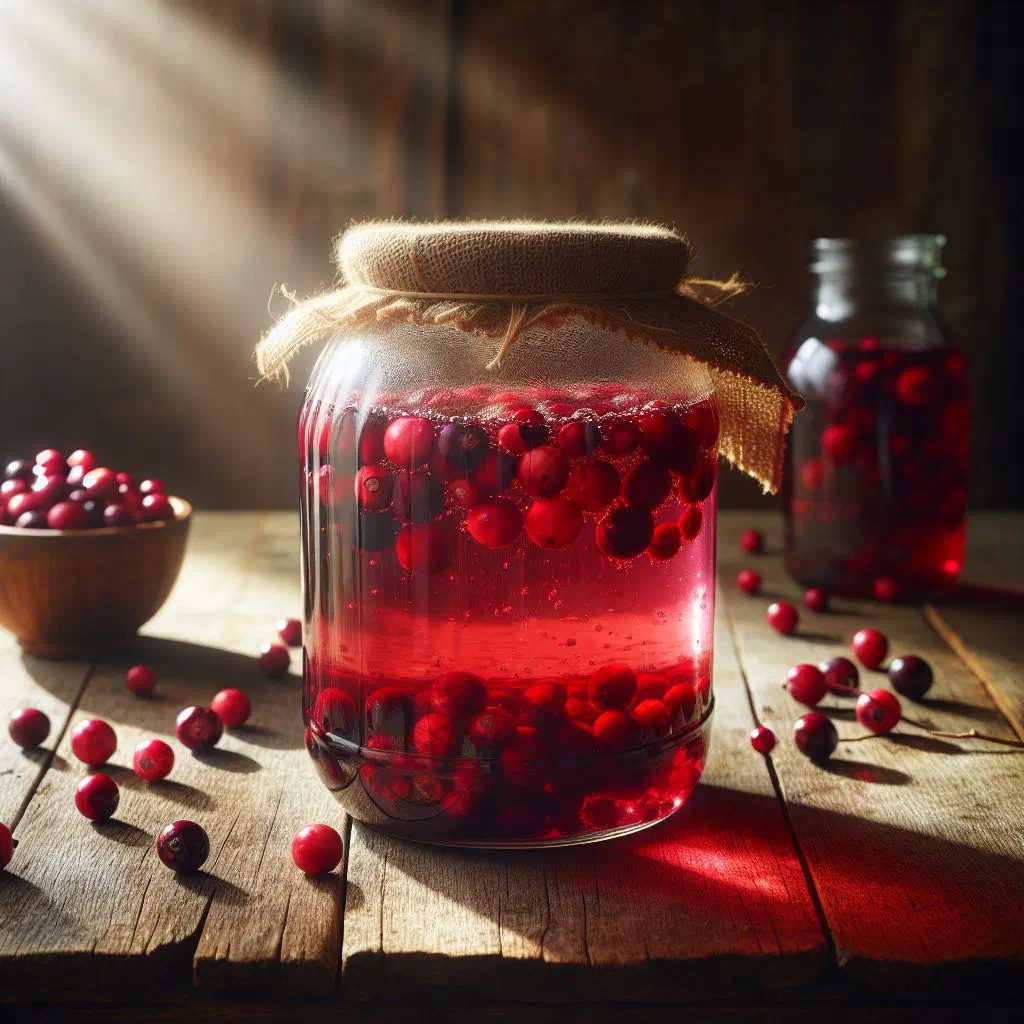 Glass of ruby-red Latvian cranberry infusion garnished with mint