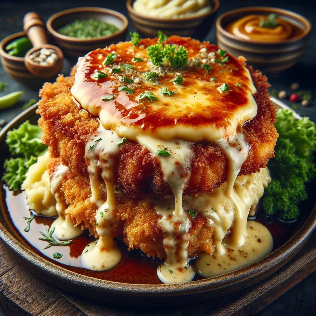 Golden breaded pork schnitzel filled with melted cheese on a plate