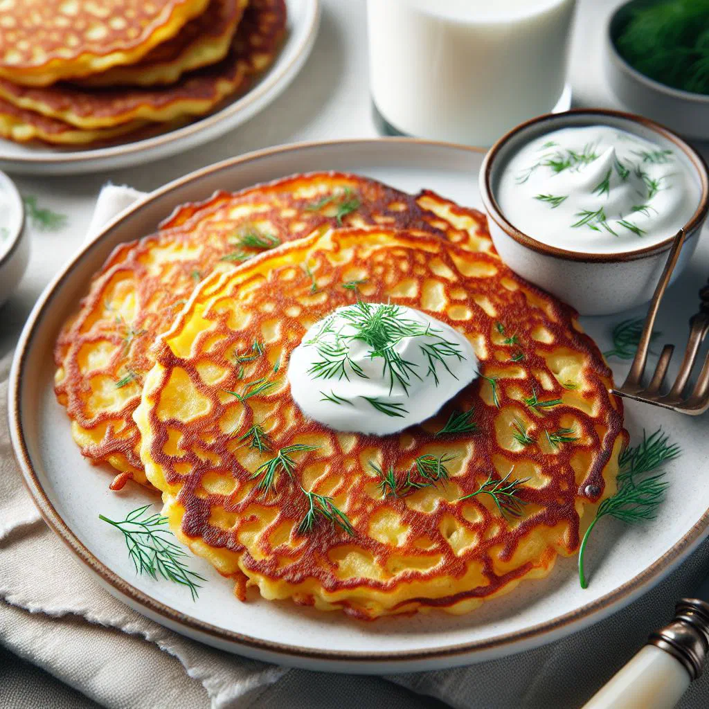 Golden Latvian potato pancakes served with sour cream and fresh dill
