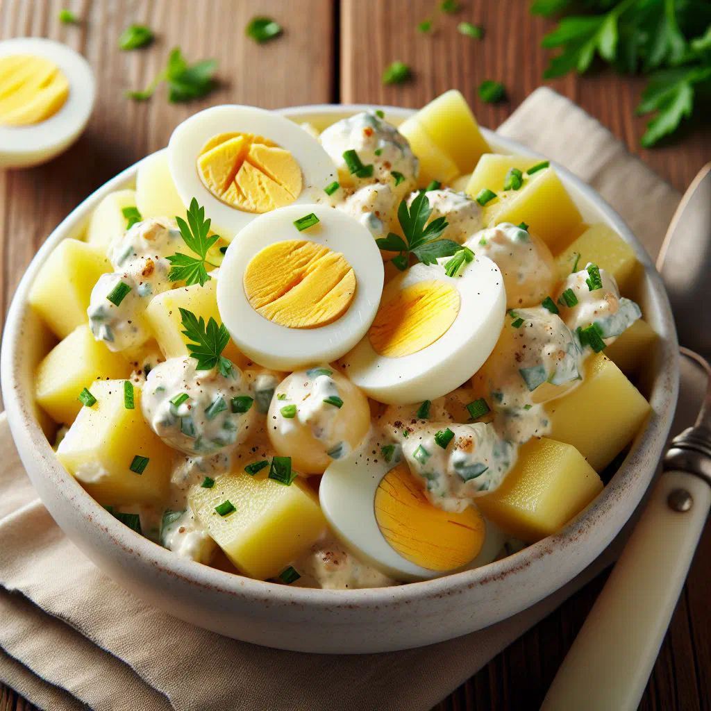 Latvian potato salad with chopped egg, onion and fresh dill