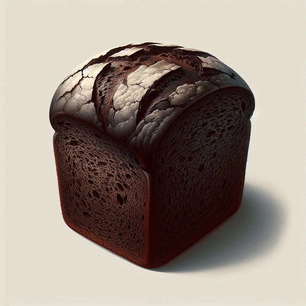 Sliced dark Latvian rye bread with a crisp crust on a wooden board