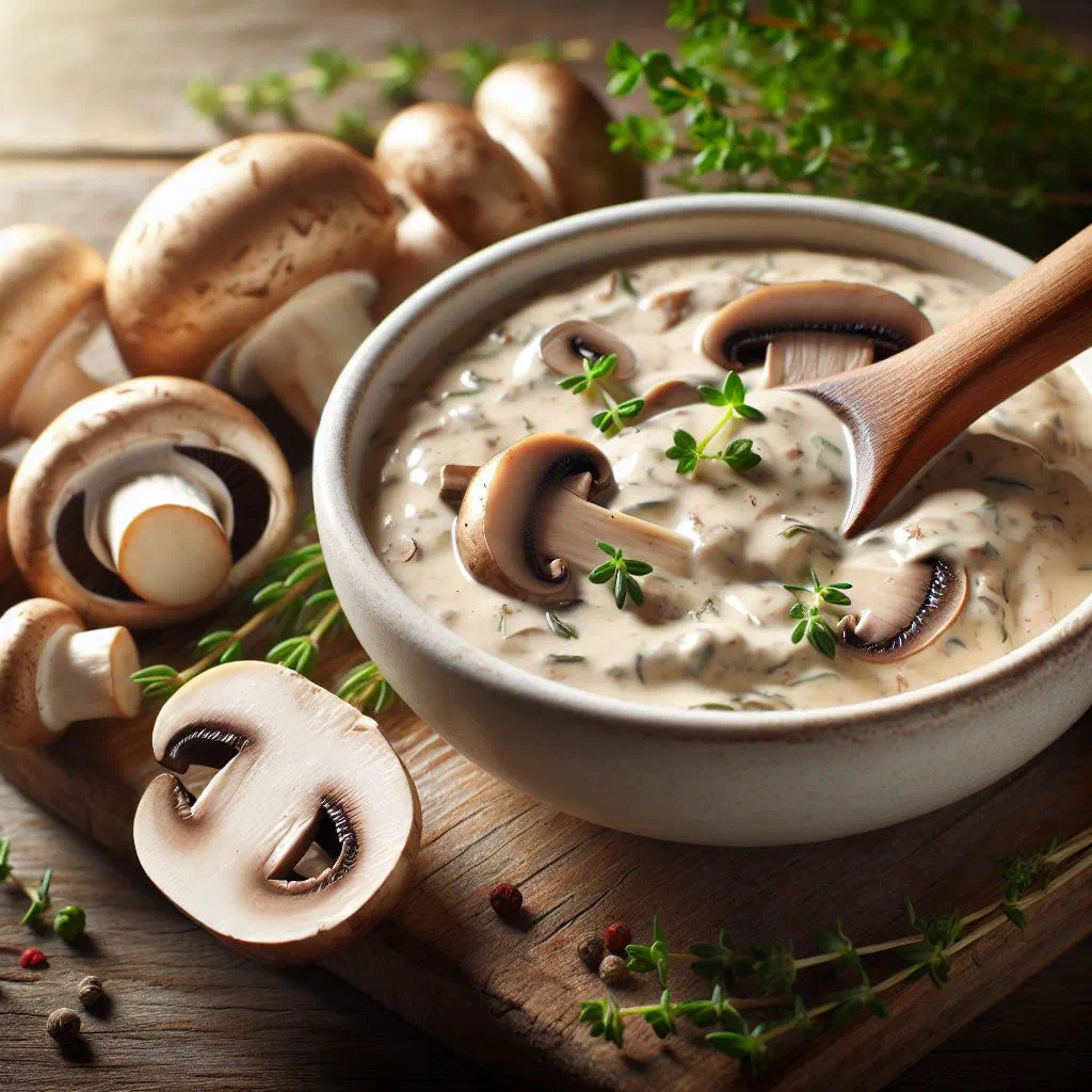 Creamy Latvian mushroom sauce in a bowl, garnished with fresh herbs