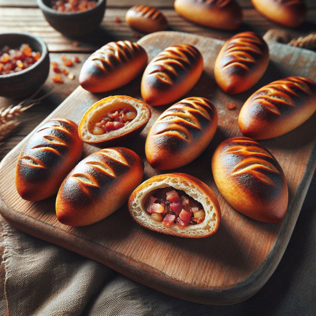 Golden baked Latvian pīrāgu cepumi filled with savoury meat