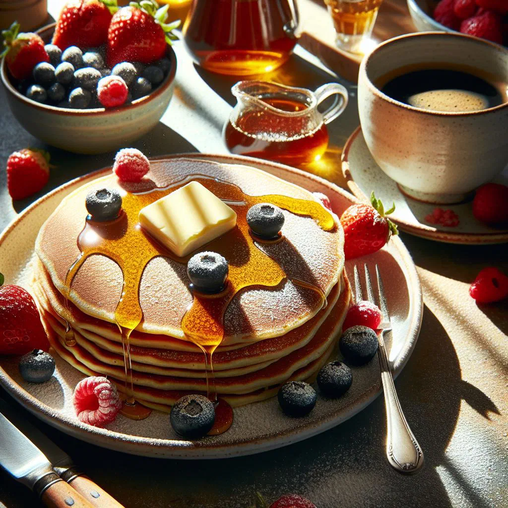 Stack of thin Latvian pancakes with berries and a spoonful of sour cream
